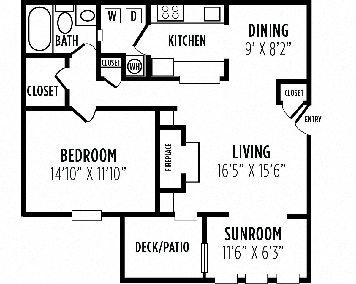 Floor plan for 1 bed, 1 bath, 933 sqft